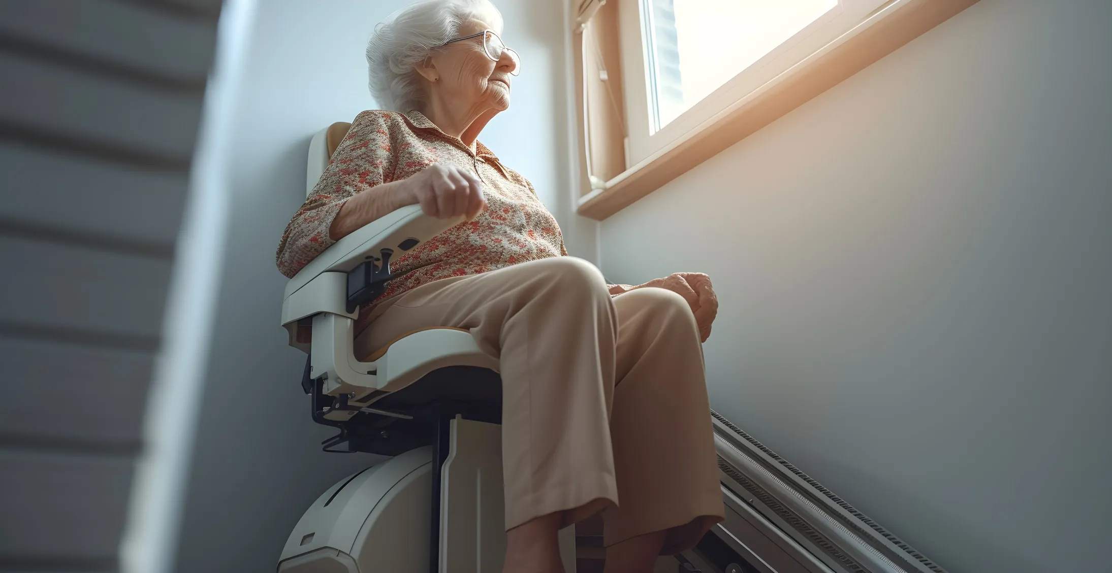 Seniorin nutzt Treppenlift im Eigenheim in Falkensee